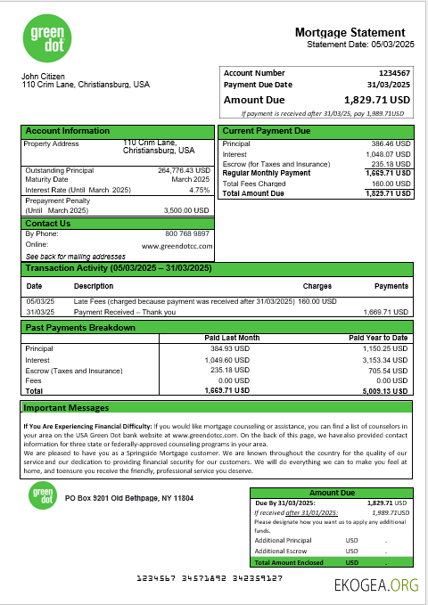Relevé hypothécaire USA Green Dot aux formats Word et PDF